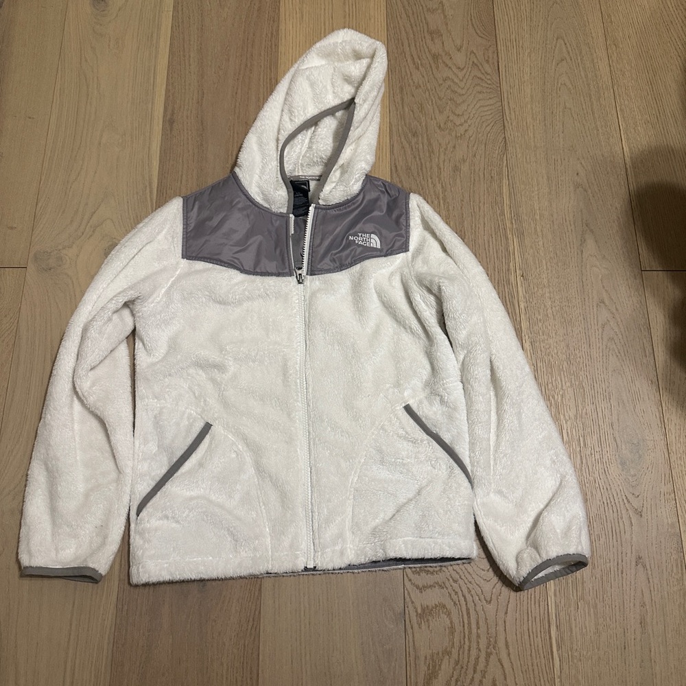 The North Face Cream and Gray Girls' Plush Hooded Fleece Jacket.Size Large girls